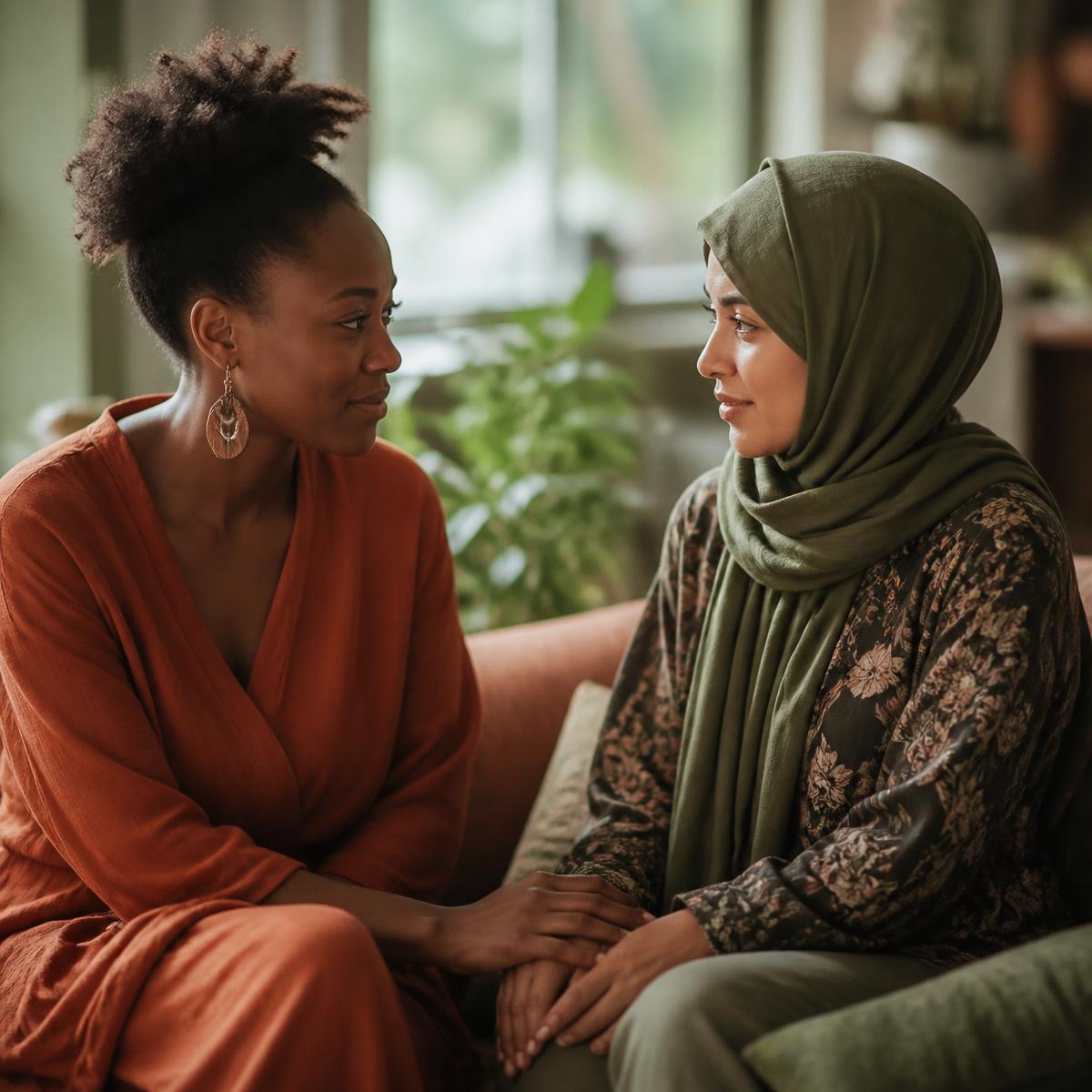 Two people sitting side by side in supportive conversation
